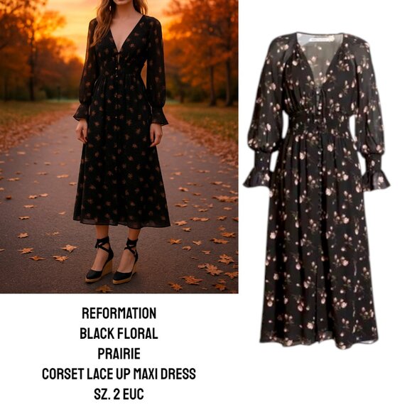 REFORMATION MAXI BLACK FLORAL PRAIRIE LACE UP CORSET TOP DRESS SZ. 2 EUC - Picture 1 of 6
